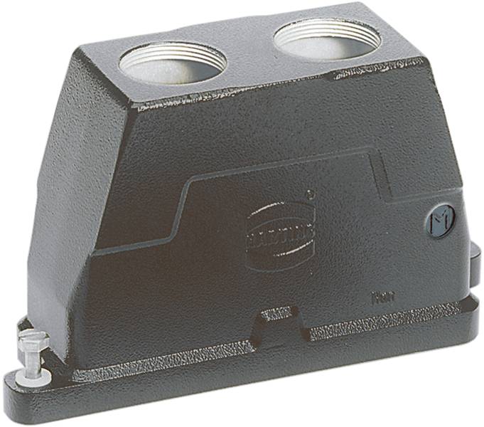 Metall-Gehäuse mit zwei Öffnungen, rechteckiger Form, dunkelgrau; für industrielle Anwendungen oder Elektronikverbindungen geeignet.