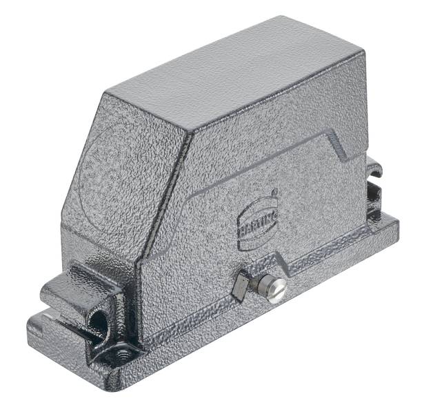 Metallisches Gehäuse eines elektrischen Steckverbinders, rechteckig, robustes Design, geeignet für industrielle Anwendungen.