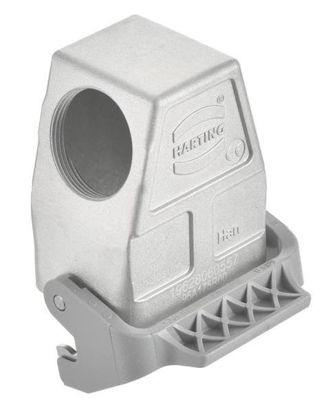 Industrie-Steckergehäuse mit HARTING-Logo, silberfarben, zylindrische Kabelöffnung, robustes Design, geeignet für industrielle Anwendungen.