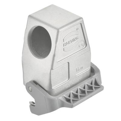 Industrie-Steckergehäuse mit HARTING-Logo, silberfarben, zylindrische Kabelöffnung, robustes Design, geeignet für industrielle Anwendungen.