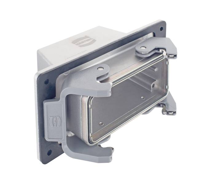 Rechteckiger, metallischer Steckverbinder mit robustem Gehäuse und zwei seitlichen Verriegelungsmechanismen zur sicheren Befestigung.