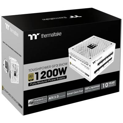 Abbildung einer vollmodularen 1200W Netzteilverpackung der Marke Thermaltake 'TOUGHPOWER GF3 SNOW', mit 80 Plus Gold Zertifizierung.