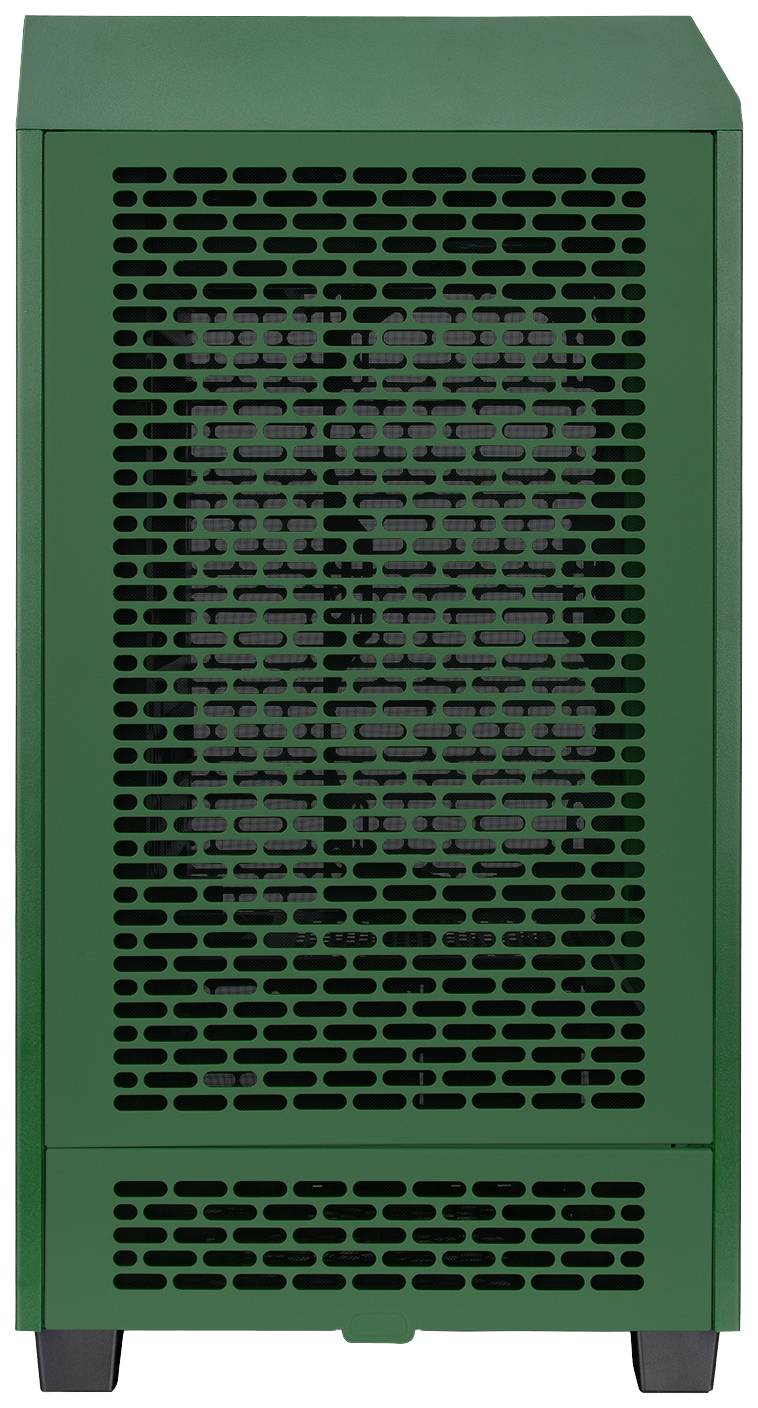 Grüner Computergehäuse-Tower mit belüfteter Frontabdeckung, geeignet für Kühlungszwecke in einem PC-System.