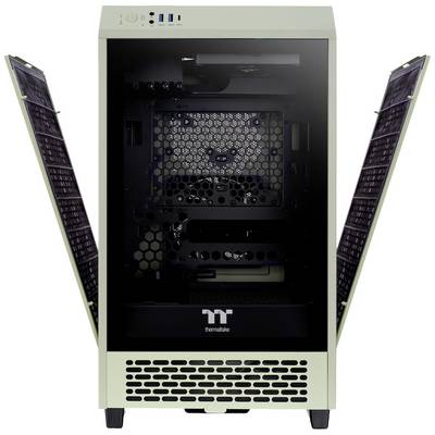 Geöffneter Computer-Gehäuse-Turm in Weiß mit zwei geöffneten Seitentüren, zeigt das leere Innenleben und die vordere Anschlusspanel.