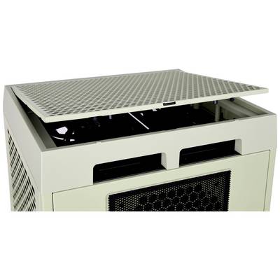 Ein offener, rechteckiger, beiger Luftreiniger mit einem Gitterdeckel. Innen sind Ventilatoren sichtbar.