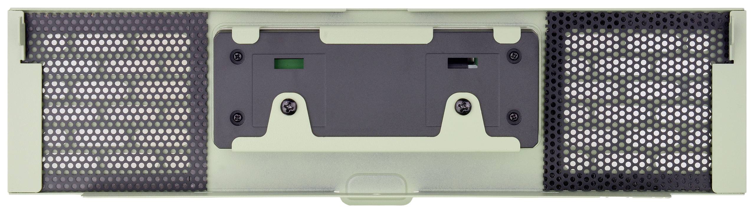 Rückseite eines elektronischen Geräts mit Lüftungsgittern und Anschlüssen. Oben links grüner Schalter, rechts USB-Port.