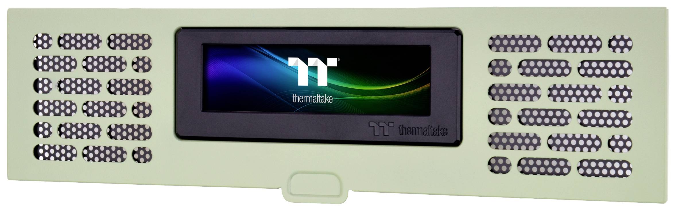 Ein grünes Computergehäuse-Modul mit Plastikblenden und einem digitalen Bildschirm in der Mitte mit dem 'Thermaltake'-Logo.