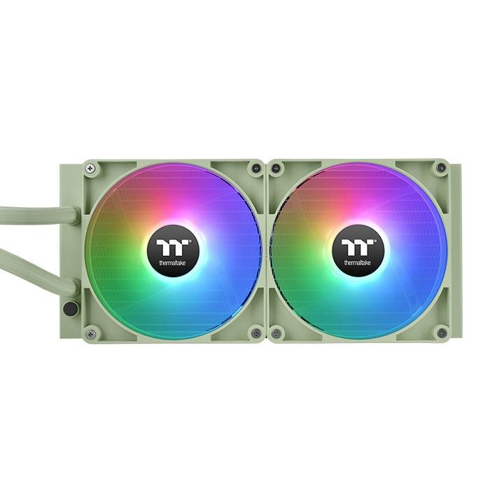 RGB-beleuchteter PC-Kühler von Thermaltake mit zwei Lüftern. Lüfter zeigen bunte Lichteffekte von Blau zu Rot.