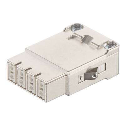 Ein silberner RJ-45-Stecker mit vier Ports, geeignet für Netzwerkverbindungen in technischen und industriellen Anwendungen.