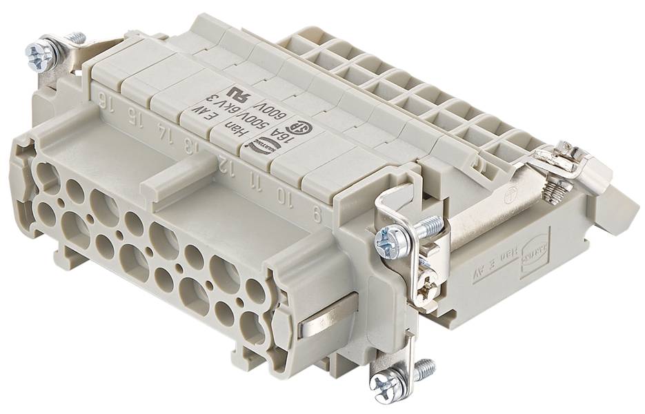 Industrieller Steckverbinder aus Kunststoff mit mehreren Pins und Schraubbefestigungen zur elektrischen Verbindung von Geräten.
