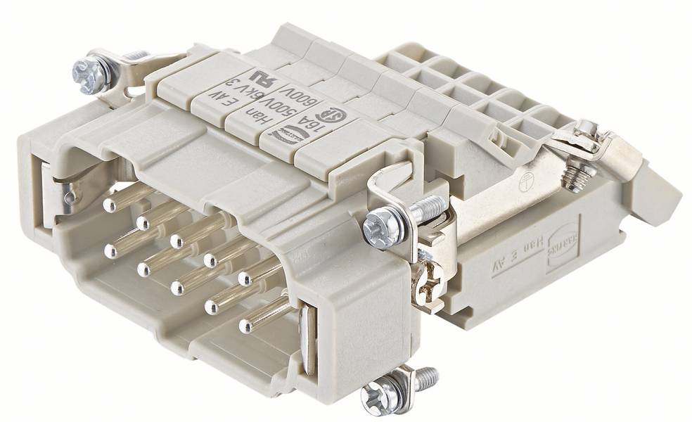 Rechteckiger elektrischer Steckverbinder mit mehreren Stiftanschlüssen, Schrauben und Metallklemme, geeignet für industrielle Anwendungen.