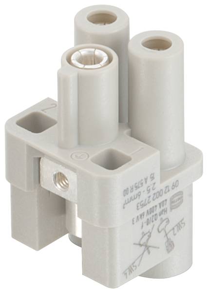 Ein grauer zweifach Kabelverbinder mit Schraubklemmen und Beschriftungen auf der Seite, geeignet für Elektroinstallationen.