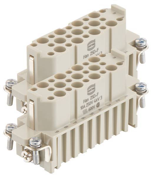 Zwei beige Industriesteckverbinder mit mehreren Anschlussöffnungen und Schrauben zur Befestigung, geeignet für hohe Spannung und Stromstärke.