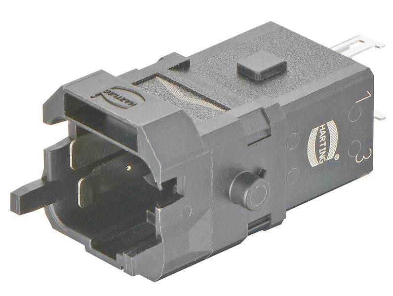 Ein schwarzer modularer Steckverbinder mit rechteckiger Form und seitlichen Befestigungselementen von HARTING.