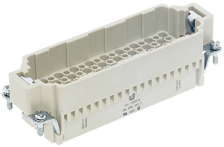 Industrie-Steckverbinder mit rechteckigem Gehäuse, Metallklammern und zahlreichen Steckplätzen für elektrische Verbindungen.