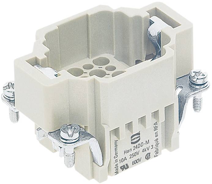 Steckverbindergehäuse aus Kunststoff, beige, mit Schraubbefestigung an den Seiten. Hergestellt in Deutschland, geeignet für 600V, 10A.
