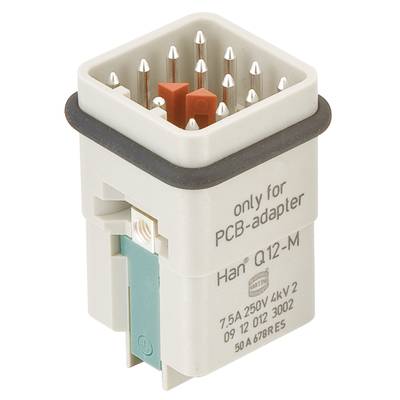 'Industrie-Steckverbinder für PCB-Adapter, rechteckig, mit mehreren Metallstiften, beschriftet mit Han Q12-M, elektrische Spezifikationen aufgedruckt.'
