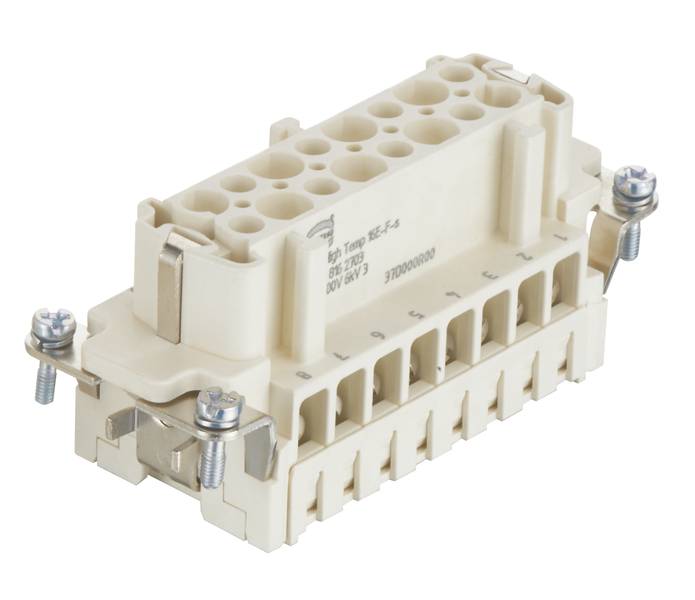 Industrie-Steckverbinder, beige, mit mehreren Anschlussöffnungen oben und unten, Schraubvorrichtungen seitlich.