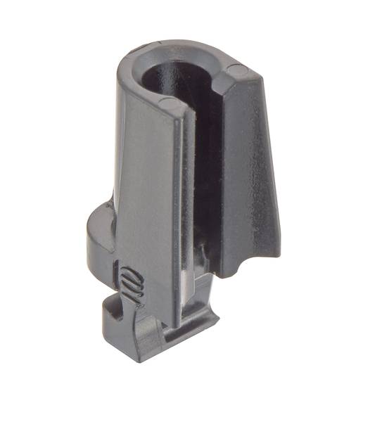 Kunststoffklemme in Grautönen, geöffnet an der Oberseite. Wird verwendet, um Gegenstände an Ort und Stelle zu halten.