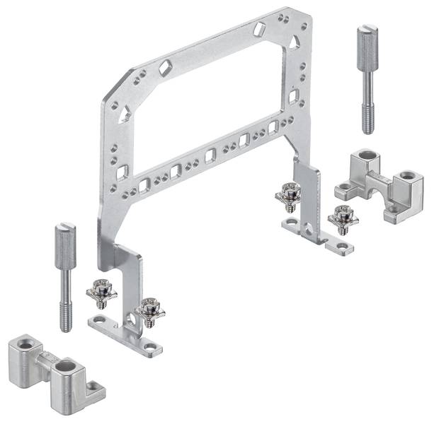 Montagesatz aus Metall für Computerhardware, bestehend aus Halterung, Schrauben und Befestigungselementen, die aufgereiht sind.