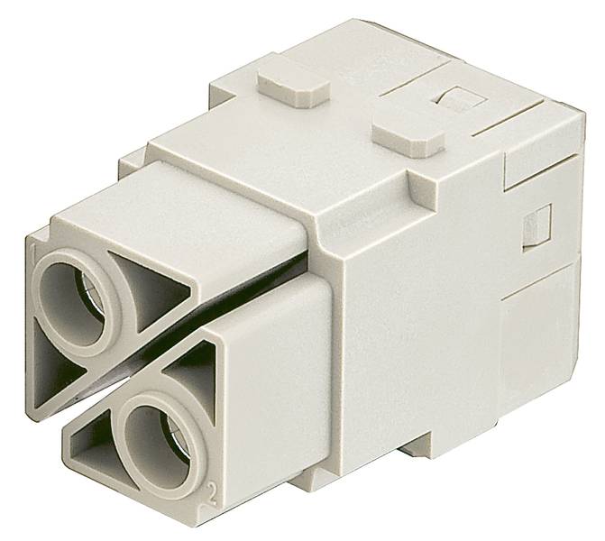 Ein weißer, rechteckiger elektrischer Steckverbinder mit zwei Anschlüssen und einem Verriegelungsmechanismus ist zu sehen.