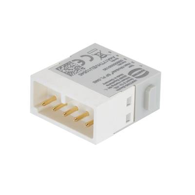 Rechteckiger Kunststoffstecker mit vier goldenen Kontakten und Hinweisen zur elektrischen Spezifikation und Sicherheitssymbolen auf der Oberseite.