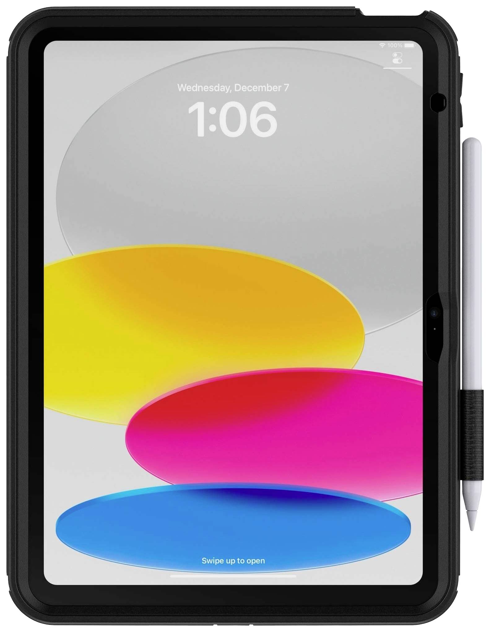 Tablet mit Schutzhülle und Stylus, zeigt farbenfrohe ovale Formen auf dem Bildschirm. Oben steht Uhrzeit '1:06' und Datum 'Wednesday, December 7'.