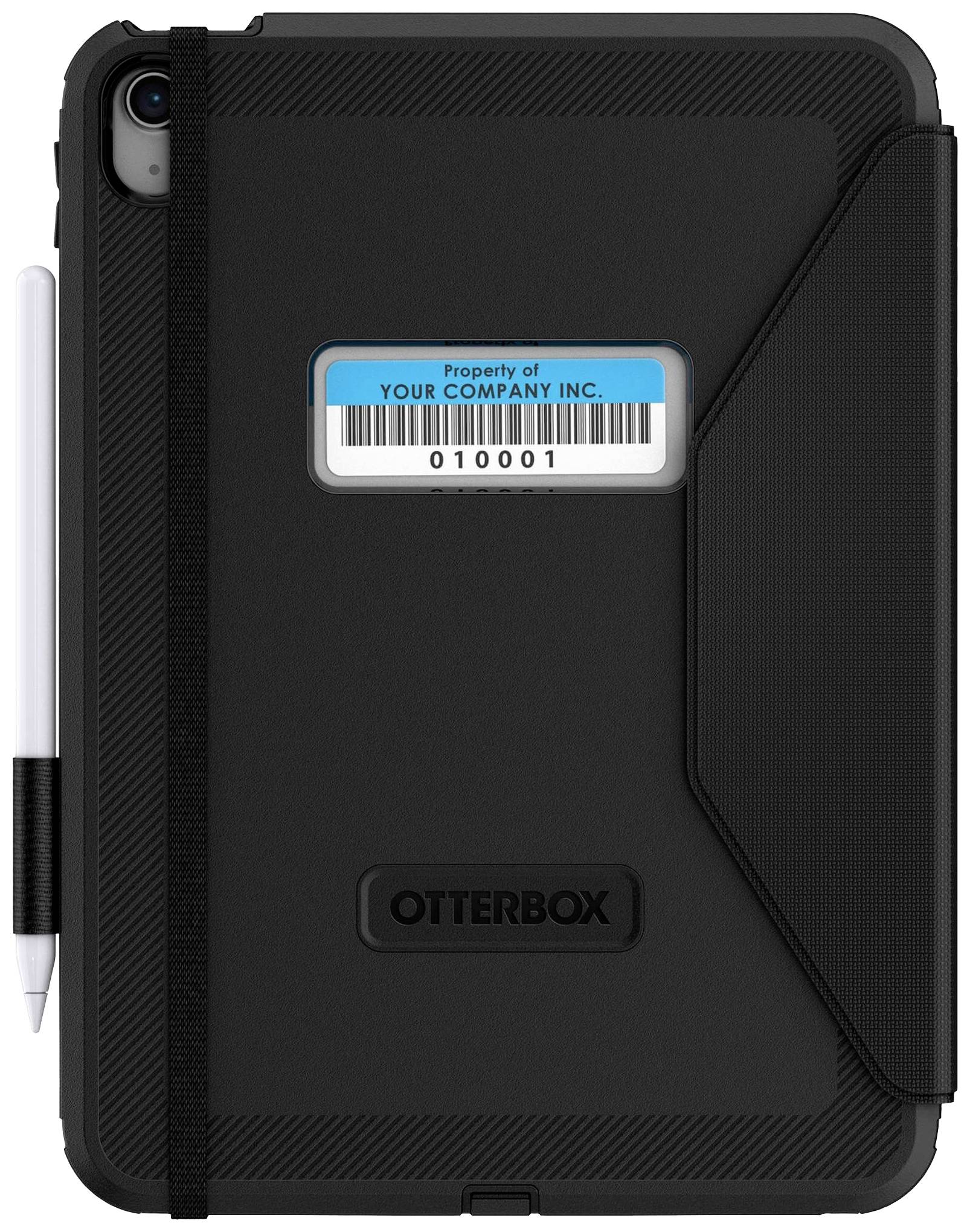 Eine schwarze Tablet-Hülle mit einem Stifthalter an der Seite. Ein Barcode-Etikett mit der Aufschrift 'Property of Your Company Inc.' ist sichtbar.