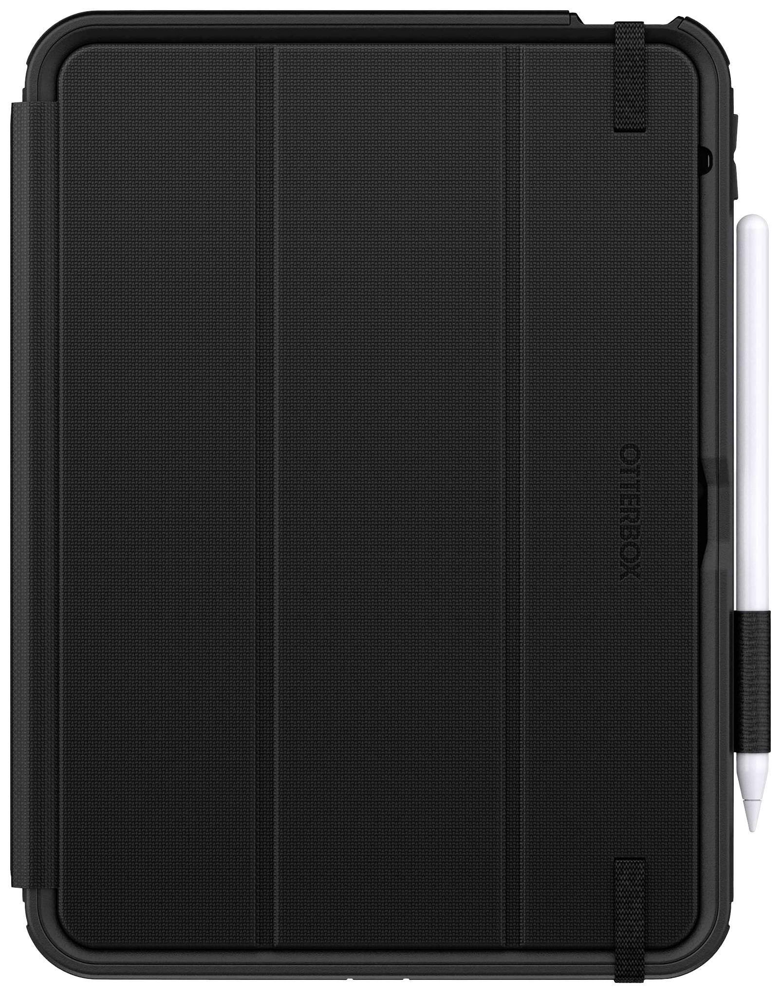 Schwarzes Tablet mit Stifthalter an der Seite. Der Stift ist in der Halterung befestigt. Die Schutzhülle ist geschlossen.