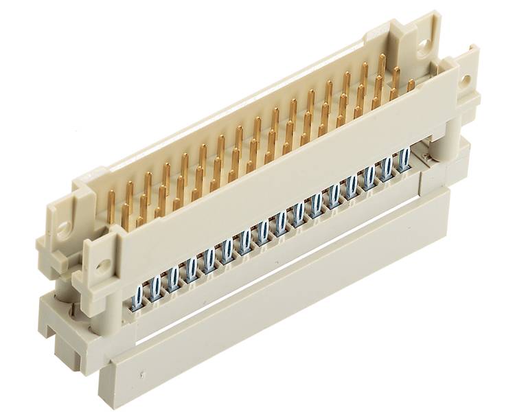 Ein rechteckiger elektrischer Steckverbinder mit goldenen Stiften und weißen Kunststoffgehäuse, verwendet für elektronische Verbindungen.