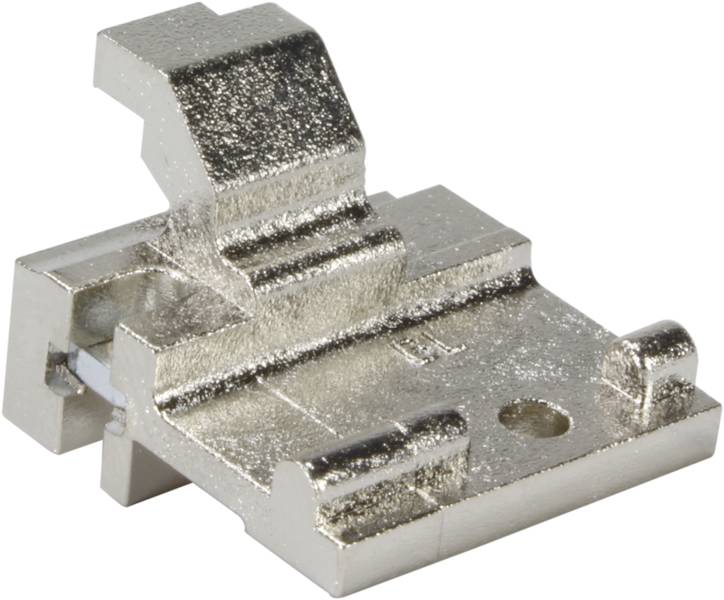 Metallklemme mit glänzender Oberfläche, rechteckige Form, seitlicher Haken oben, Loch auf einer Seite. Verwendet für elektrische Verbindungen.