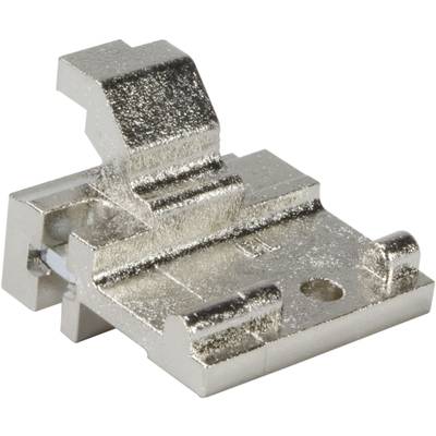 Metallklemme mit glänzender Oberfläche, rechteckige Form, seitlicher Haken oben, Loch auf einer Seite. Verwendet für elektrische Verbindungen.