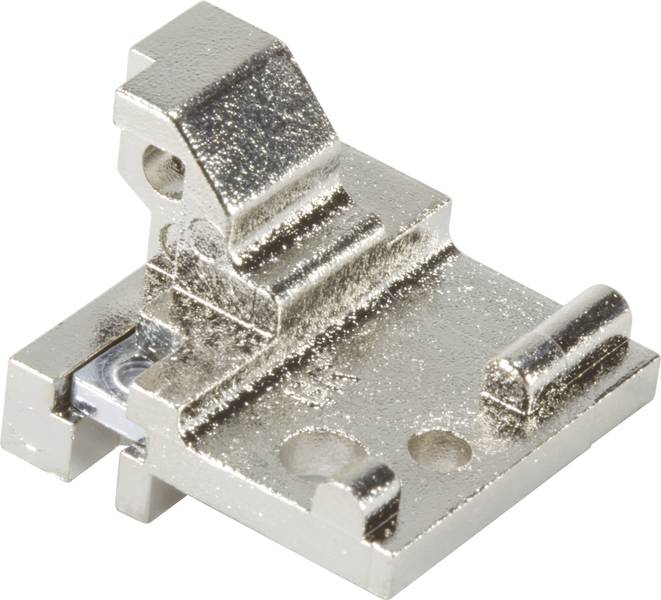 Ein silbernes Metallelement mit mehreren Winkeln und Öffnungen, möglicherweise ein mechanischer Bestandteil eines größeren Geräts oder Systems.