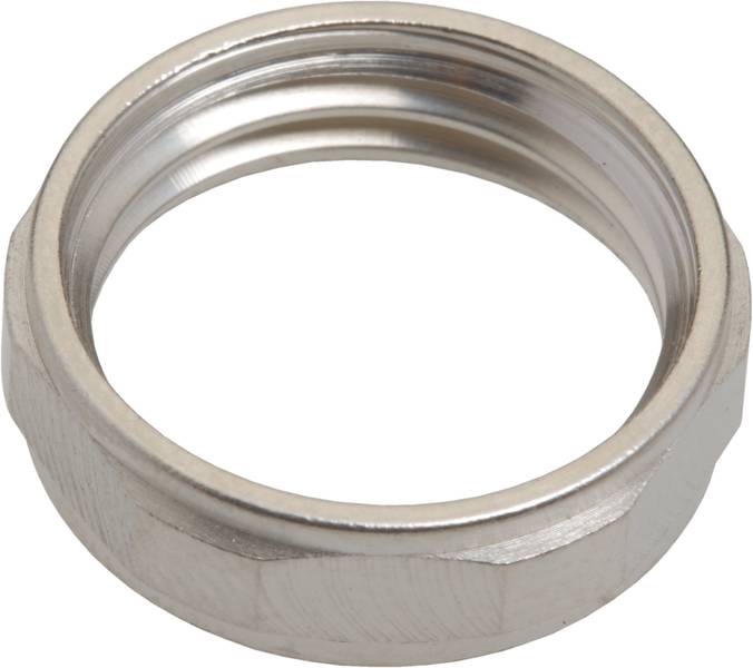 Metallmutter in Silberoptik, zylindrische Form, mit innenliegendem Gewinde, leicht abgeschrägte Kanten.