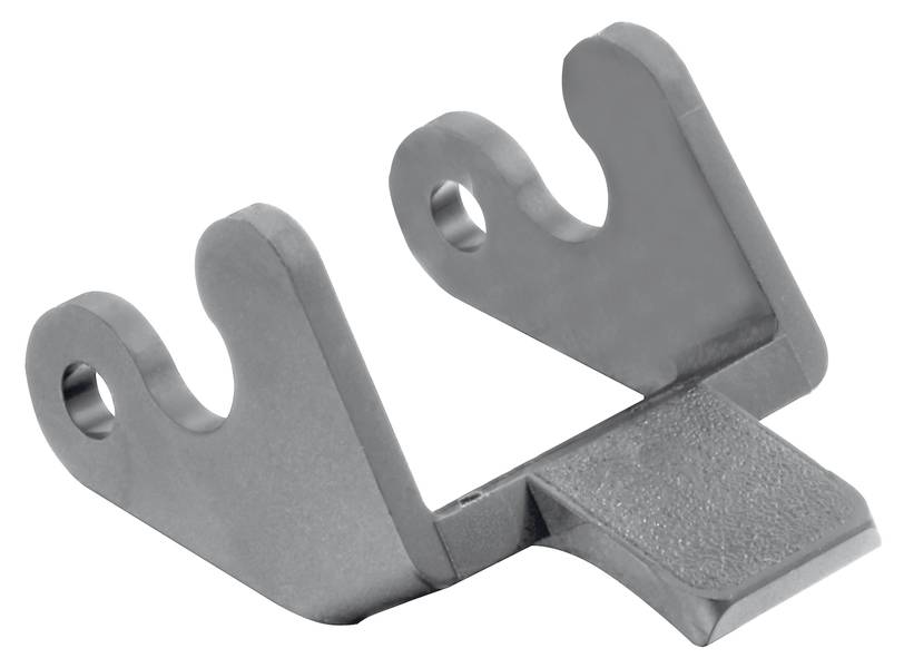 Metallteil mit zwei hakenförmigen Ausstanzungen und einer flachen Basis, wahrscheinlich ein Befestigungselement oder Halterung.