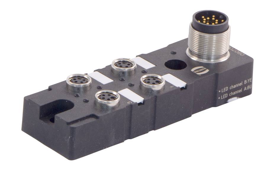 Ein schwarzer elektronischer Steckverbinder mit mehreren runden Anschlüssen und einem großen Metallstecker oben.