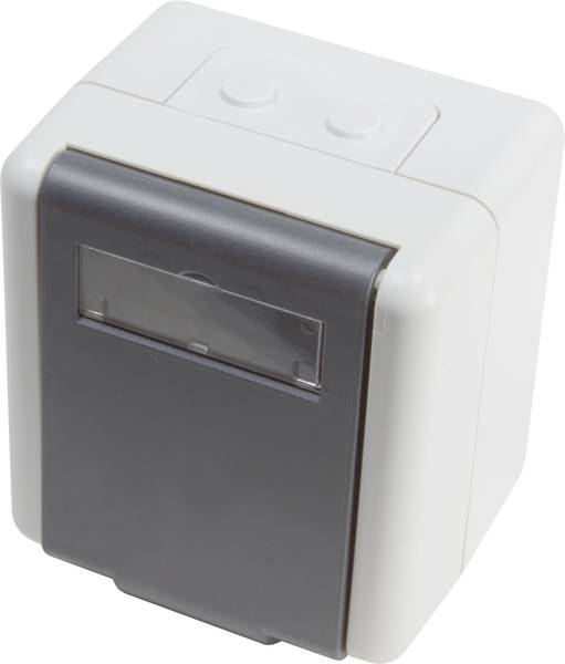 Elektronisches Gerät mit rechteckigem Gehäuse und einem dunklen Frontpanel, möglicherweise ein Schalter oder eine Steuerungseinheit.