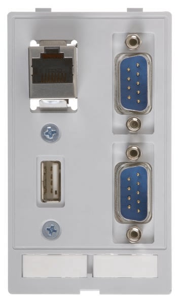 'Computeranschlussfeld mit einem Ethernet-Port, zwei seriellen COM-Ports und einem USB-Port, jeweils in rechteckiger Anordnung.'