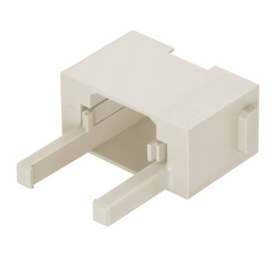 Ein weißer Kunststoffverbinder mit rechteckiger Form und zwei hervorstehenden Stiften. Verwendet für elektronische Verbindungen.