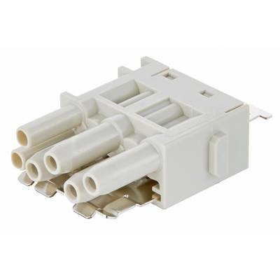 Kunststoff-Stecker mit vier Röhren und metallischen Kontakten, in einem rechteckigen Gehäuse, für elektrische Verbindungen.