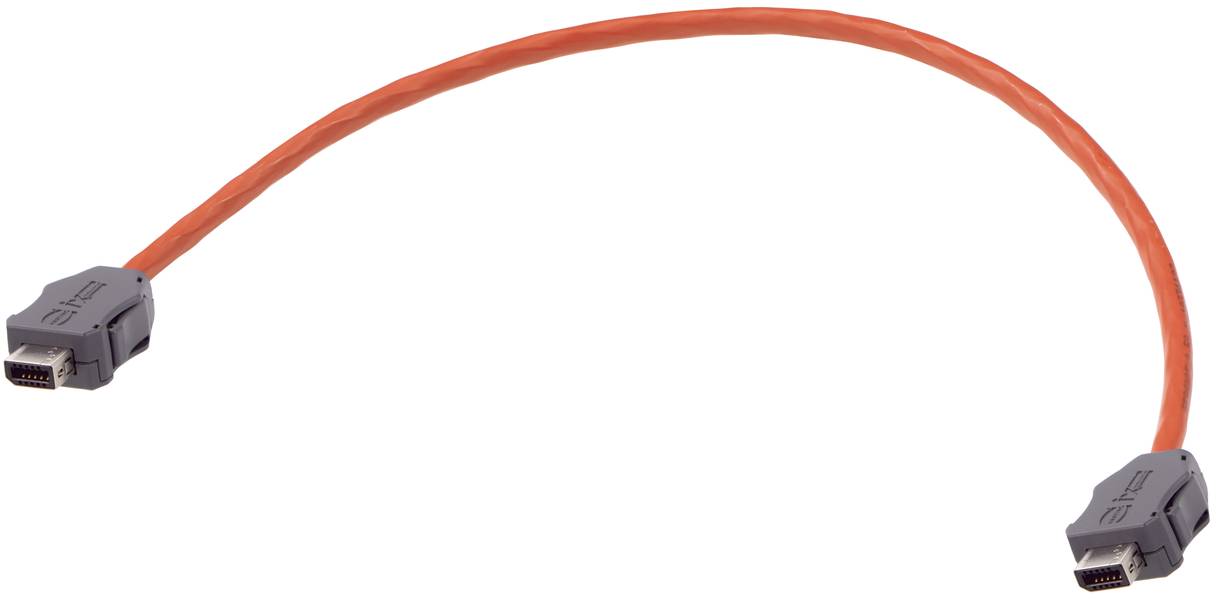 Ein rotes Kabel mit zwei identischen schwarzen Steckern an beiden Enden, auf weißem Hintergrund.