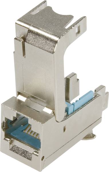 Ein metallisches RJ45-Netzwerksteckergehäuse mit ungeschirmtem Kerbverschluss. Hauptsächlich für Ethernet-Verbindungen verwendet.