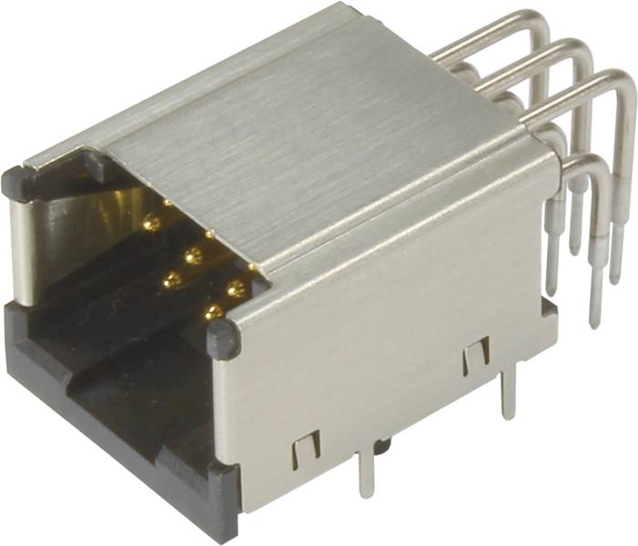 Ein rechteckiger RJ45-Stecker aus Metall mit mehreren goldenen Kontaktstiften. Er hat acht hervorstehende Anschlüsse auf der Rückseite.