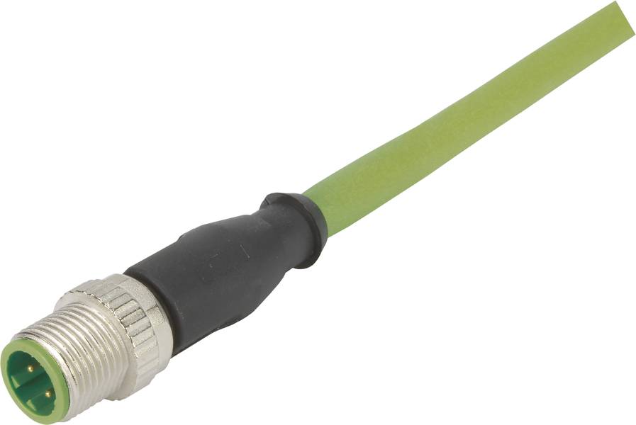 Grüner M12-Stecker mit Schraubgewinde und Kabel, geeignet zur elektrischen Verbindung in industriellen Anwendungen.