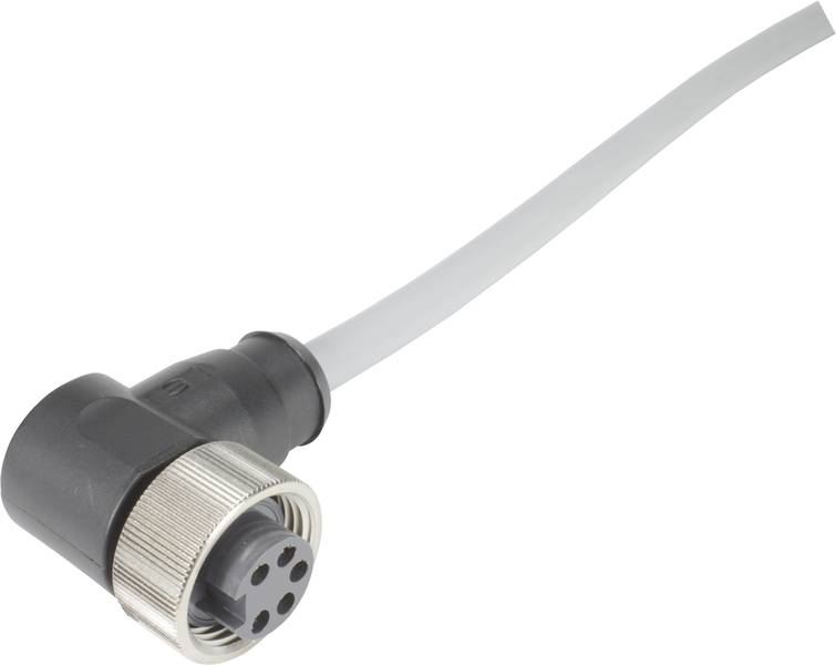 Ein grauer, gewinkelter elektrischer Steckverbinder mit Metallgewinde und mehreren Steckplätzen, verbunden mit einem weißen Kabel.