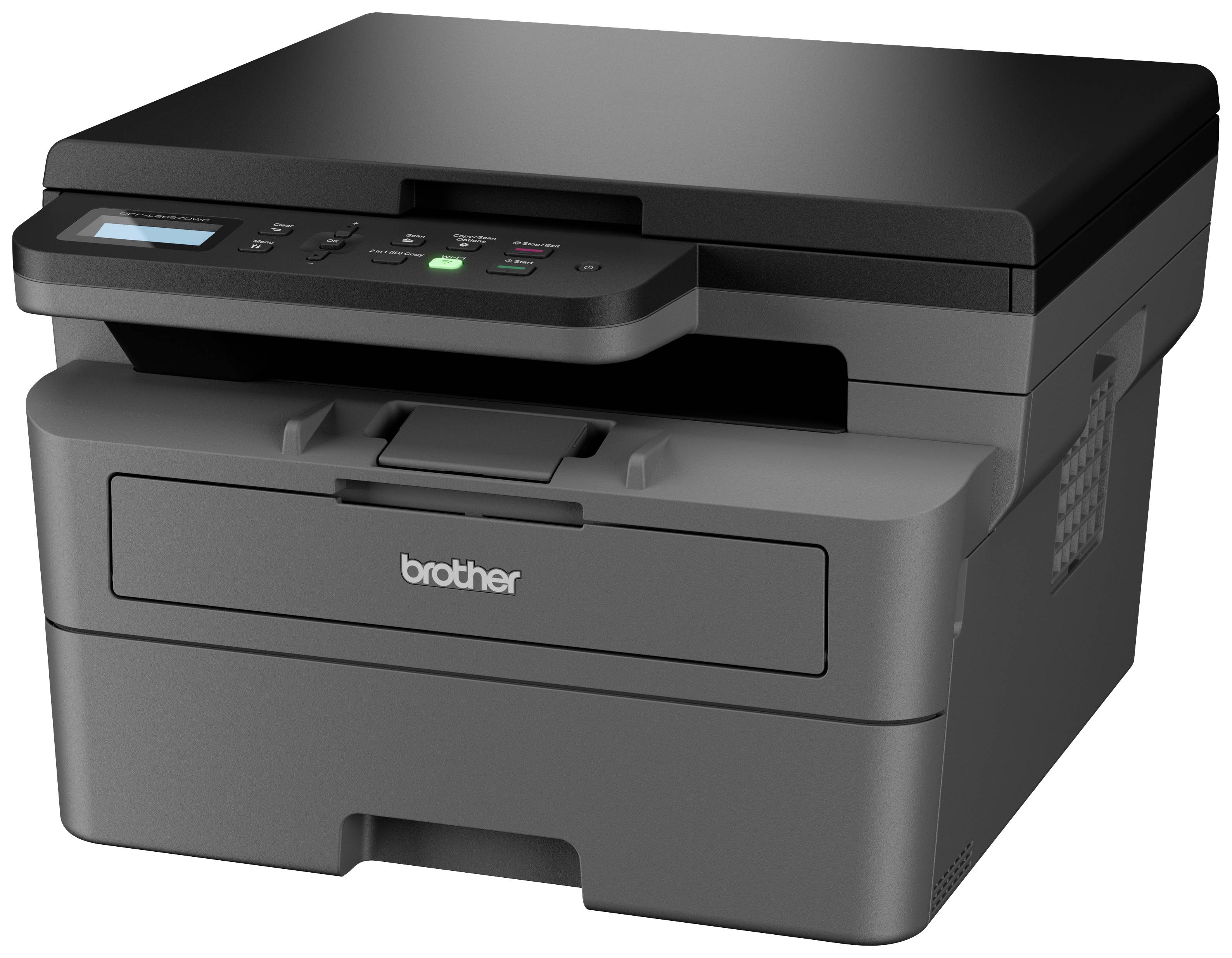 Schwarzer Multifunktionsdrucker von Brother auf weißem Hintergrund mit digitalem Display und mehreren Bedienelementen vorne.