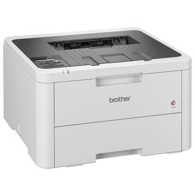 Ein weißer Drucker mit schwarzem Oberteil und Bedienfeld links. Logo und Farbeindikatior an der Vorderseite sichtbar.
