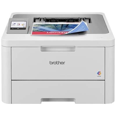 Ein grauer Desktop-Drucker druckt ein farbiges Dokument mit Diagrammen, auf dem vorne das Wort 'Report' zu sehen ist.