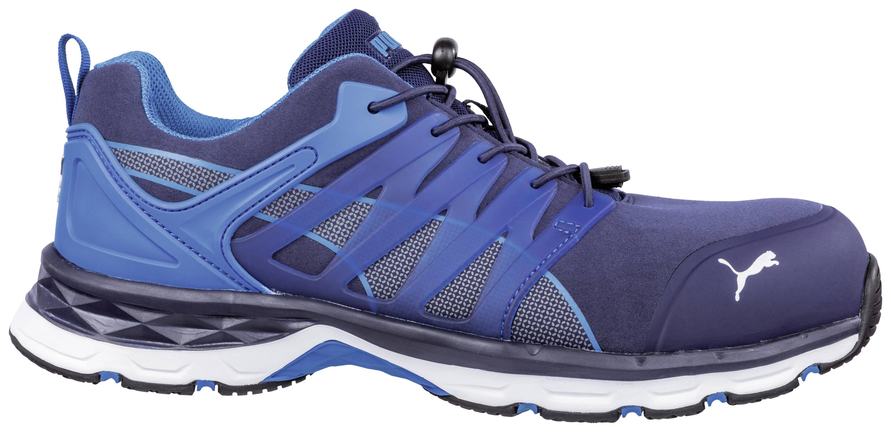 Blauer Sportschuh mit Schnürbändern und weißer Sohle, geeignet für sportliche Aktivitäten und lässige Anlässe.