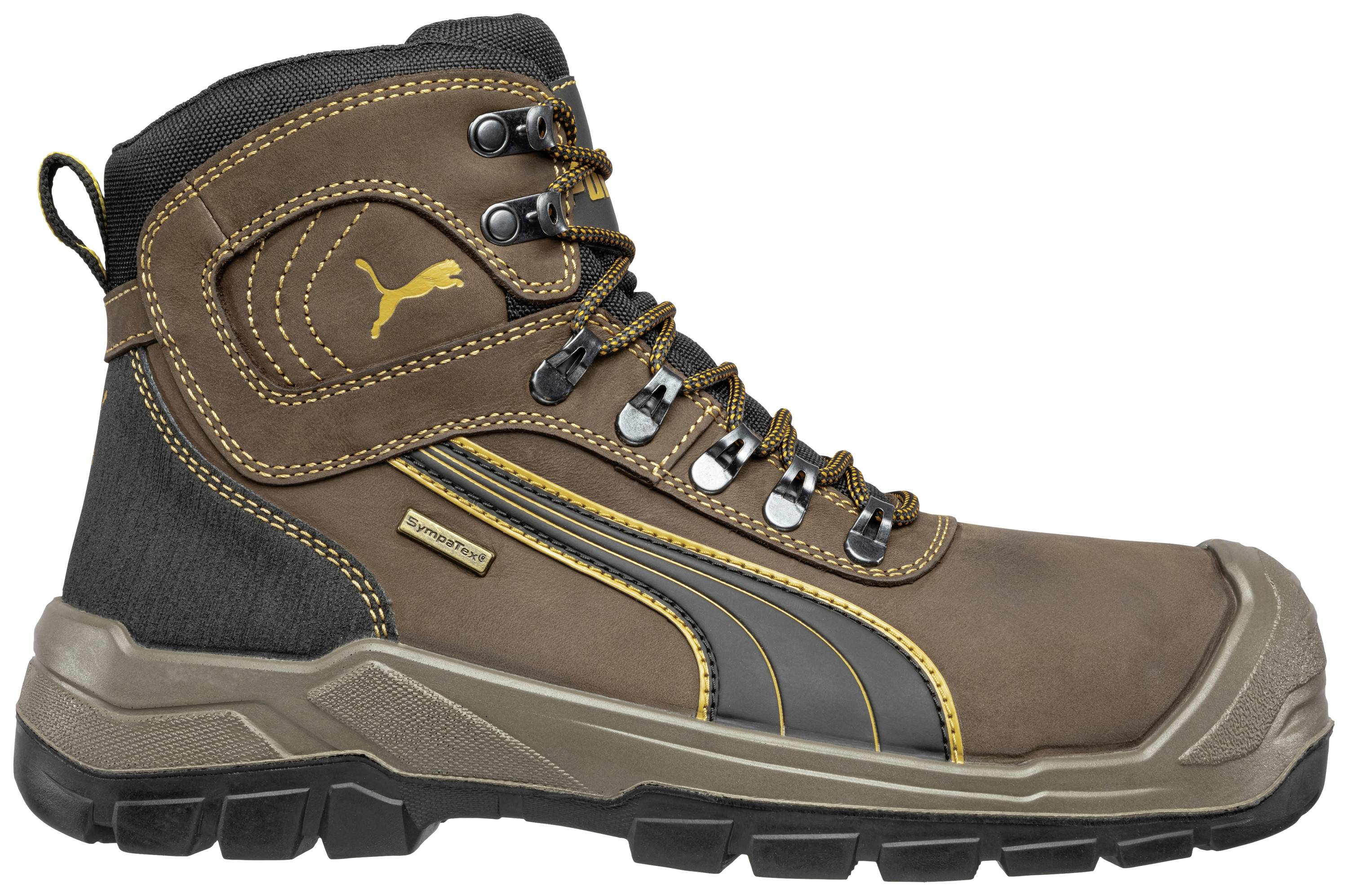 Ein brauner Sicherheitsstiefel mit Stahlkappe, gelb-schwarzen Schnürsenkeln und rutschfester Sohle, geeignet für Bauarbeiten.